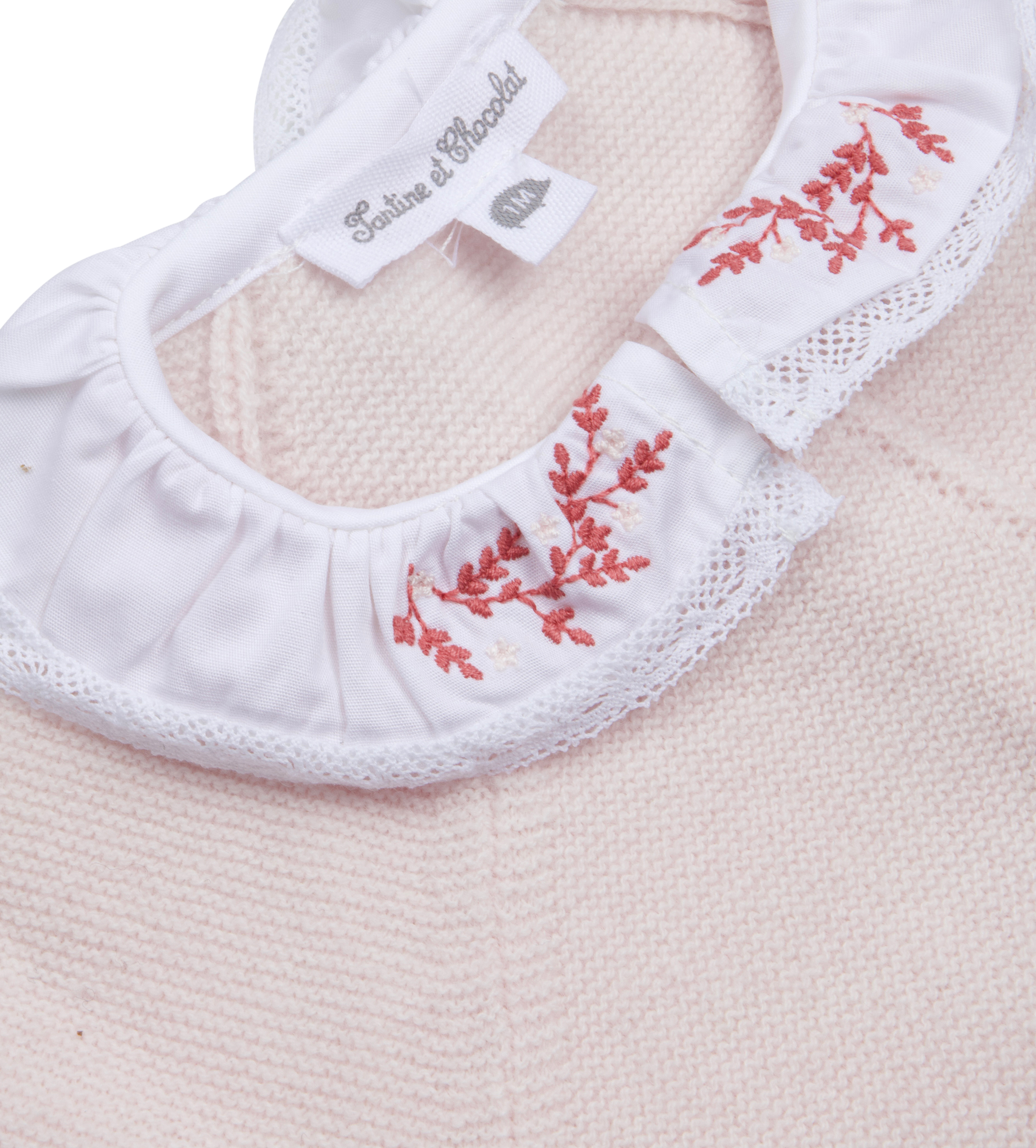 Tartine et Chocolat Knit Romper with Embroidered Collar in Rose Pale (Baby)