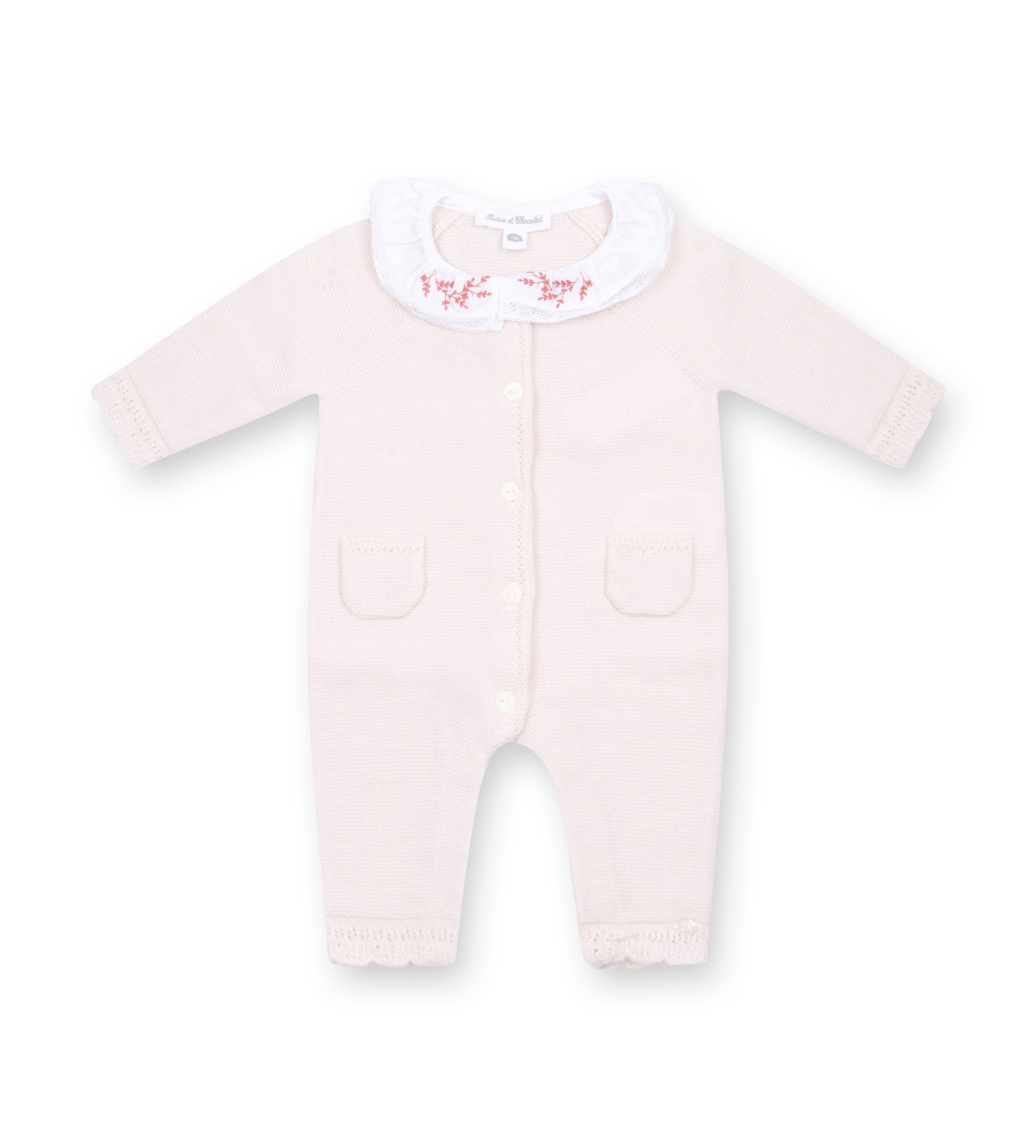 Tartine et Chocolat Knit Romper with Embroidered Collar in Rose Pale (Baby)