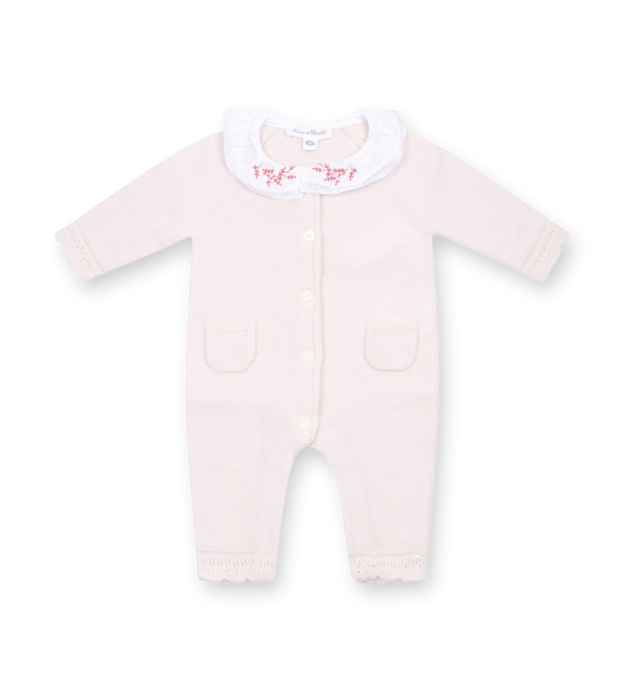 Tartine et Chocolat Knit Romper with Embroidered Collar in Rose Pale (Baby)