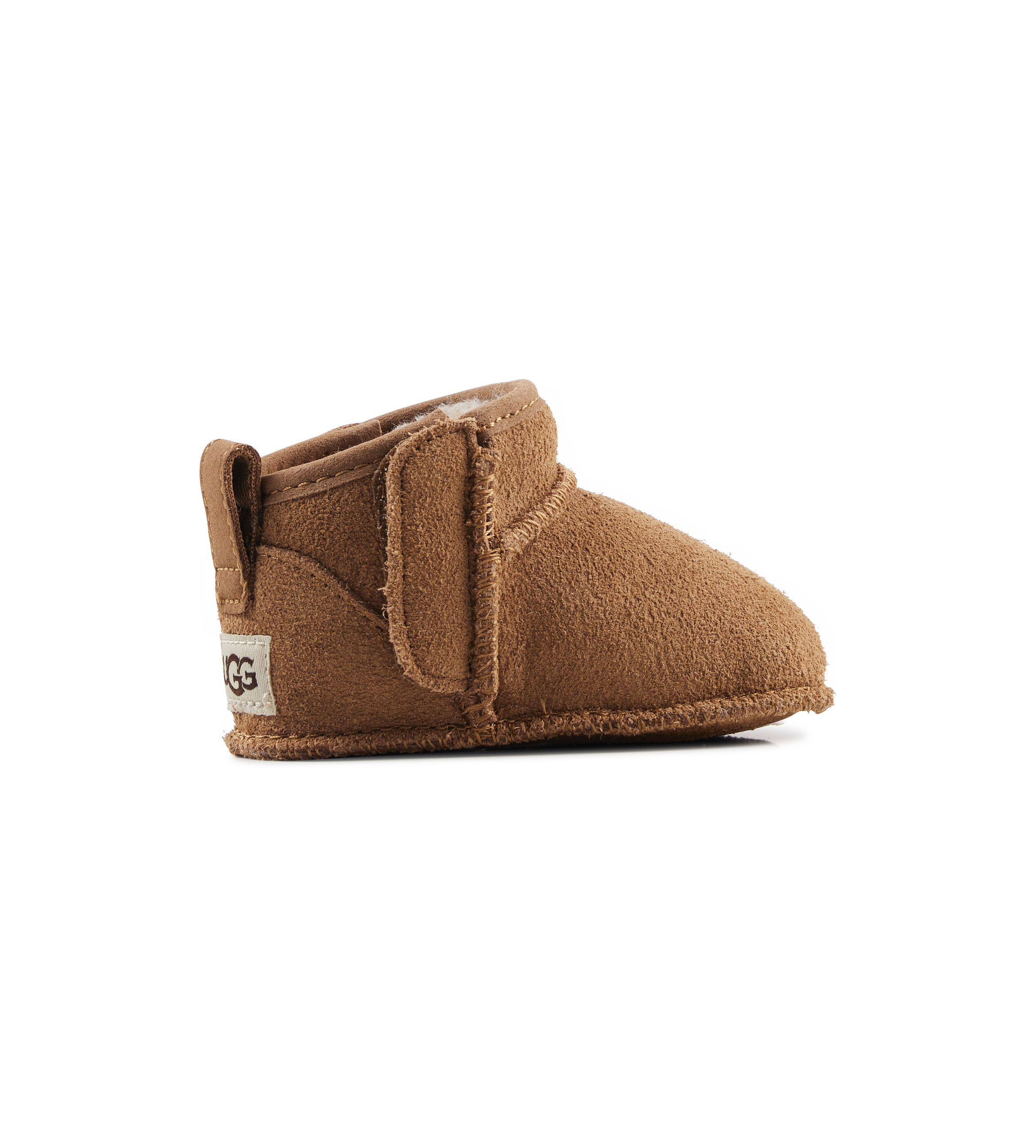 Brown baby bootie with UGG logo on a white background