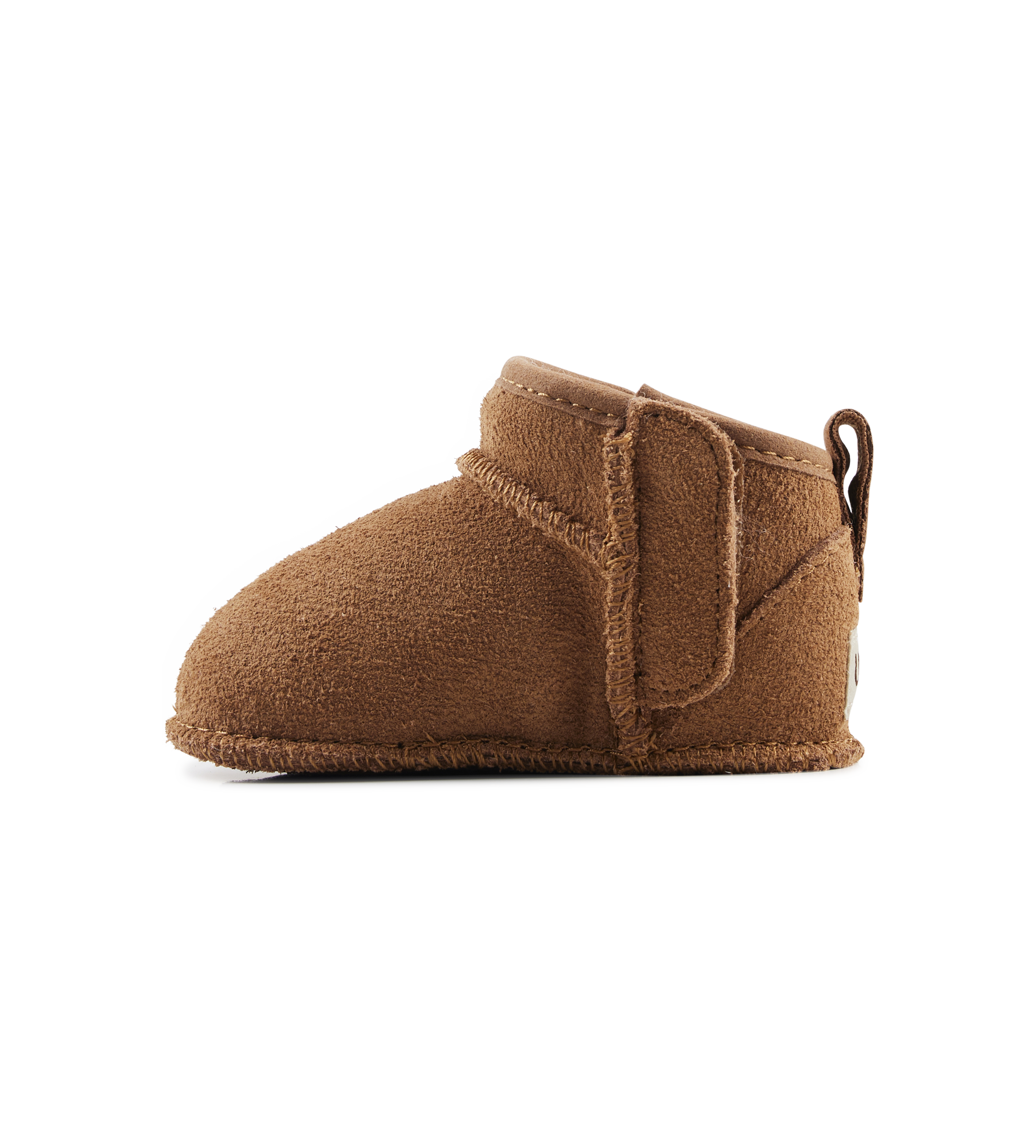 Brown baby bootie on a white background