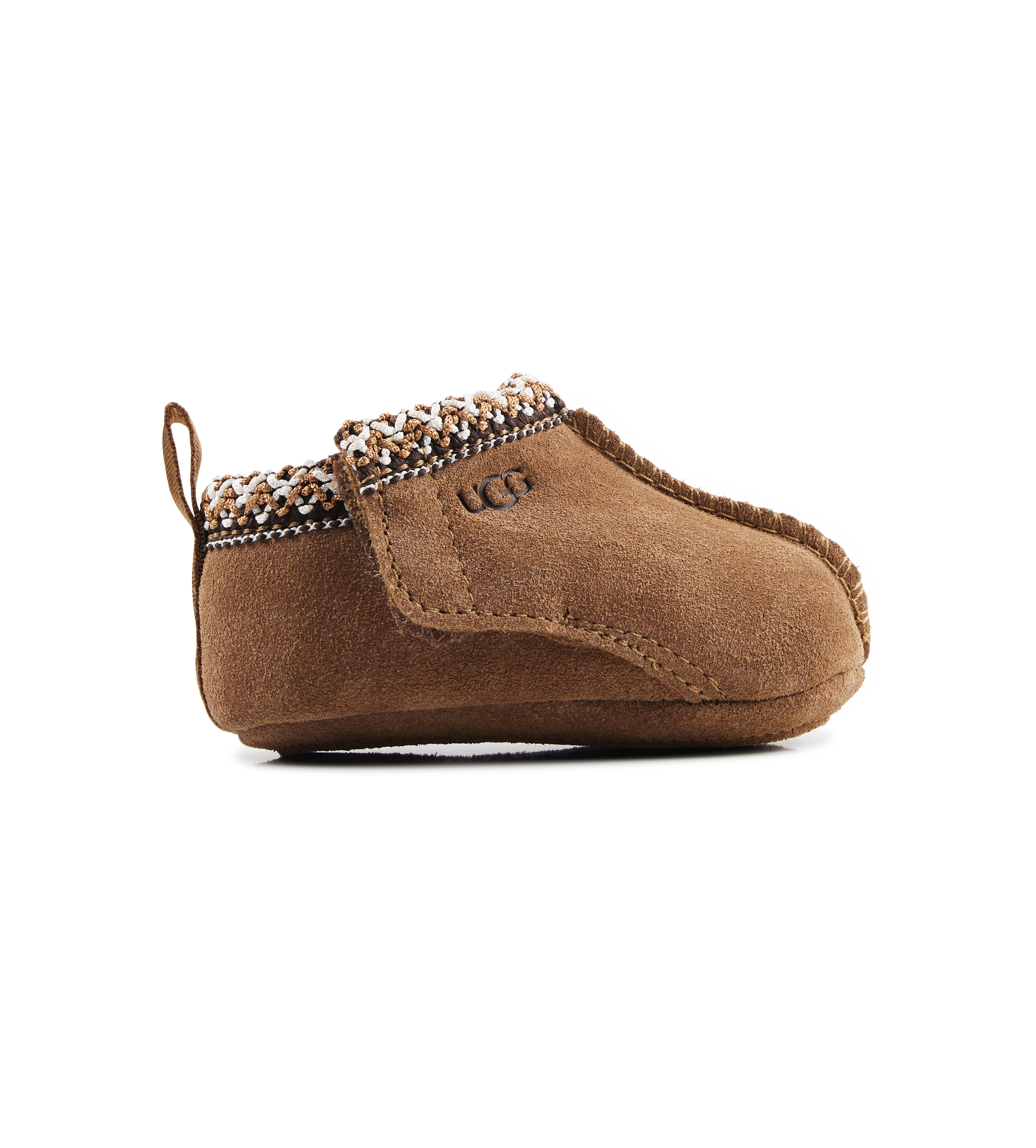 Brown baby bootie with decorative trim on a white background