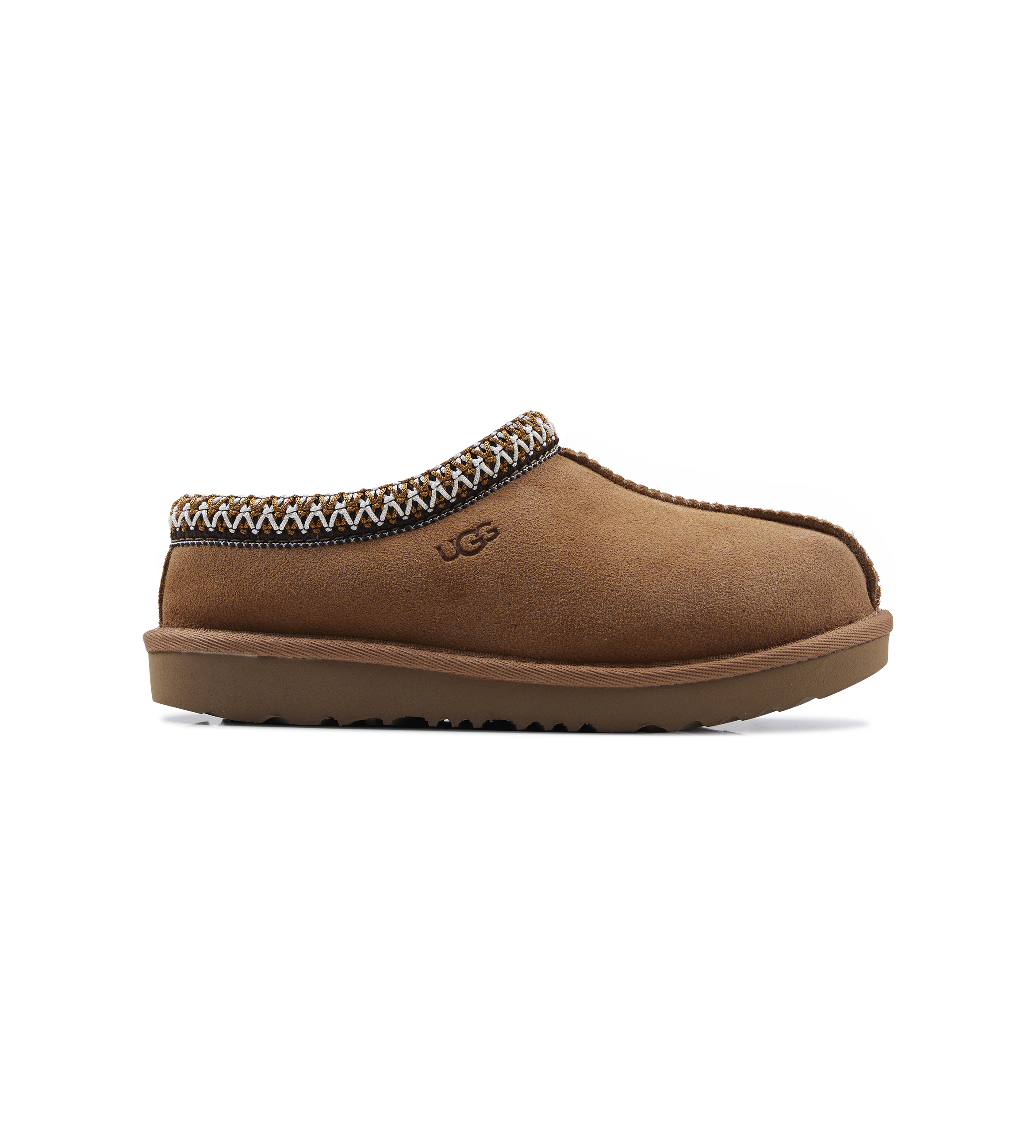 Brown UGG slipper with decorative trim on a white background
