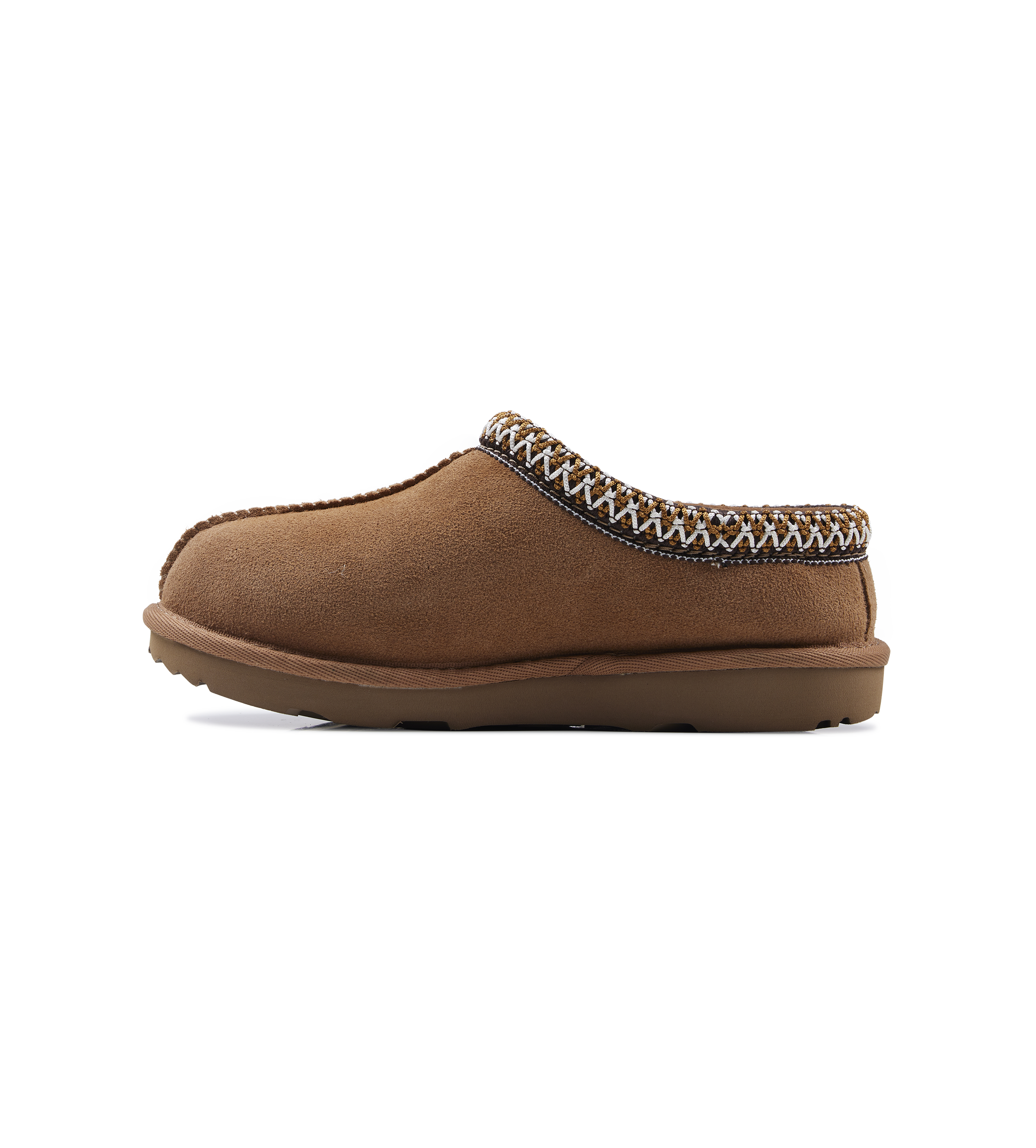 Brown slipper with decorative trim on a white background

