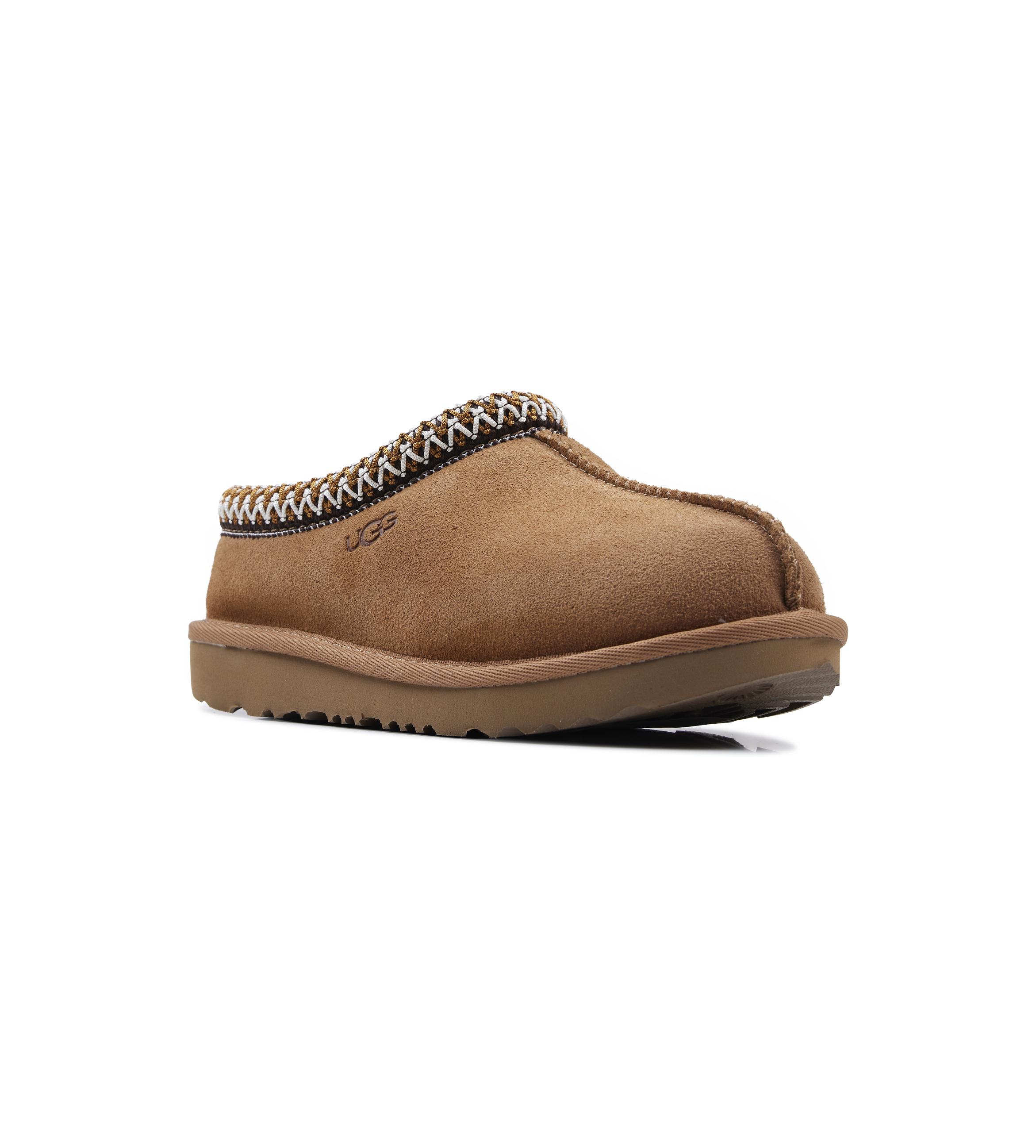 Brown slipper with decorative trim on a white background
