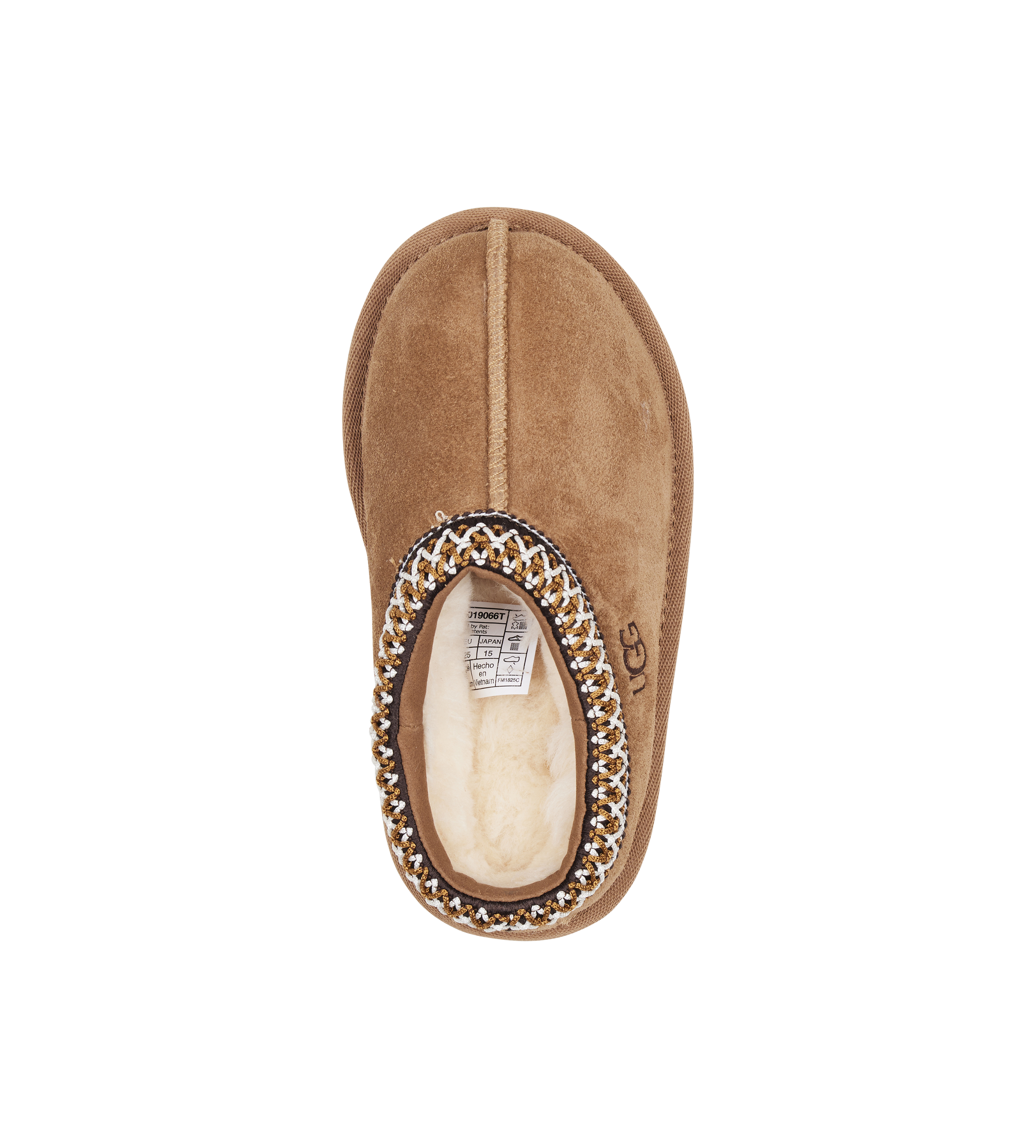 Brown slipper with decorative trim on a white background
