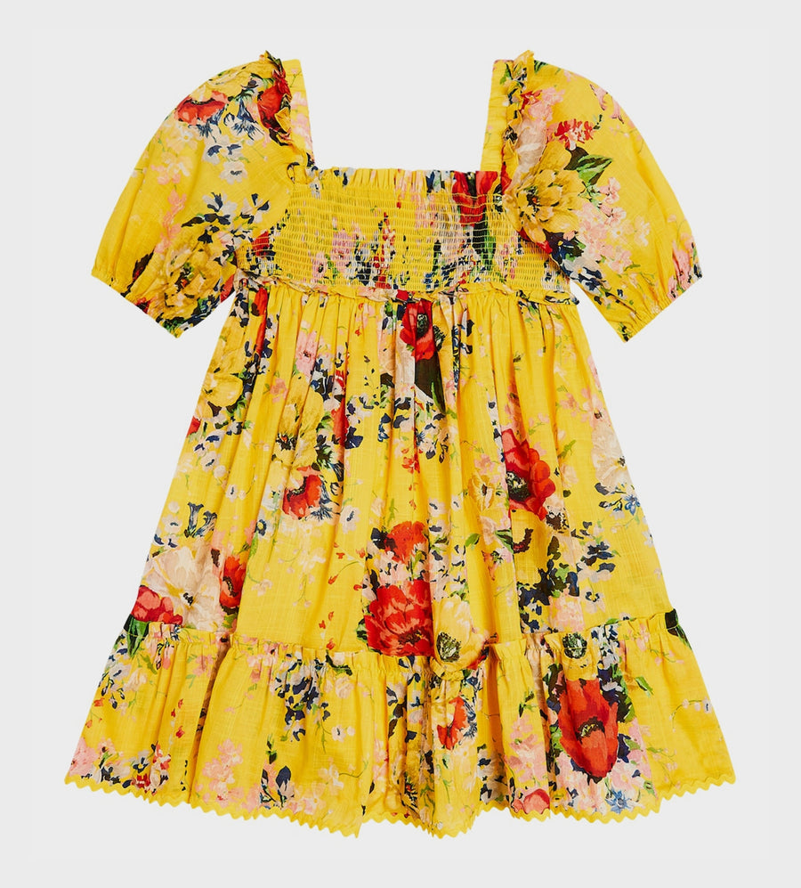 Alight Shirred Floral-Print Dress Yellow