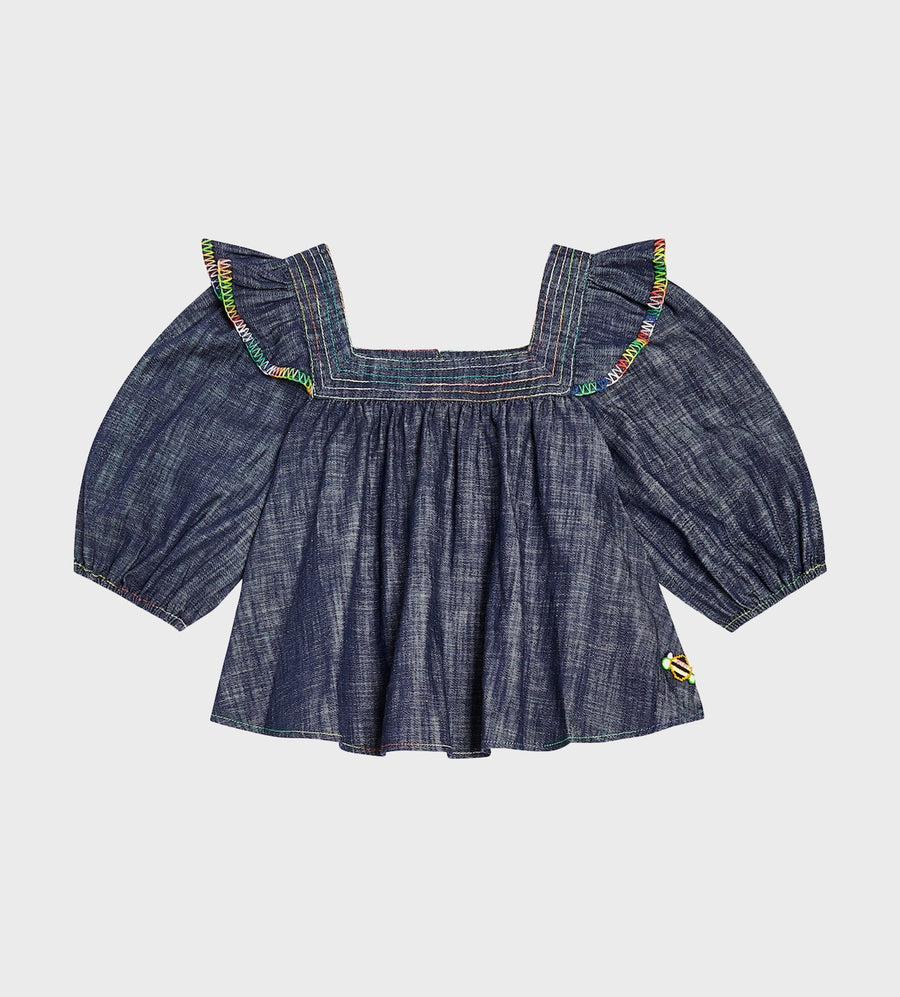 Alight Ruffled Denim Blouse Blue