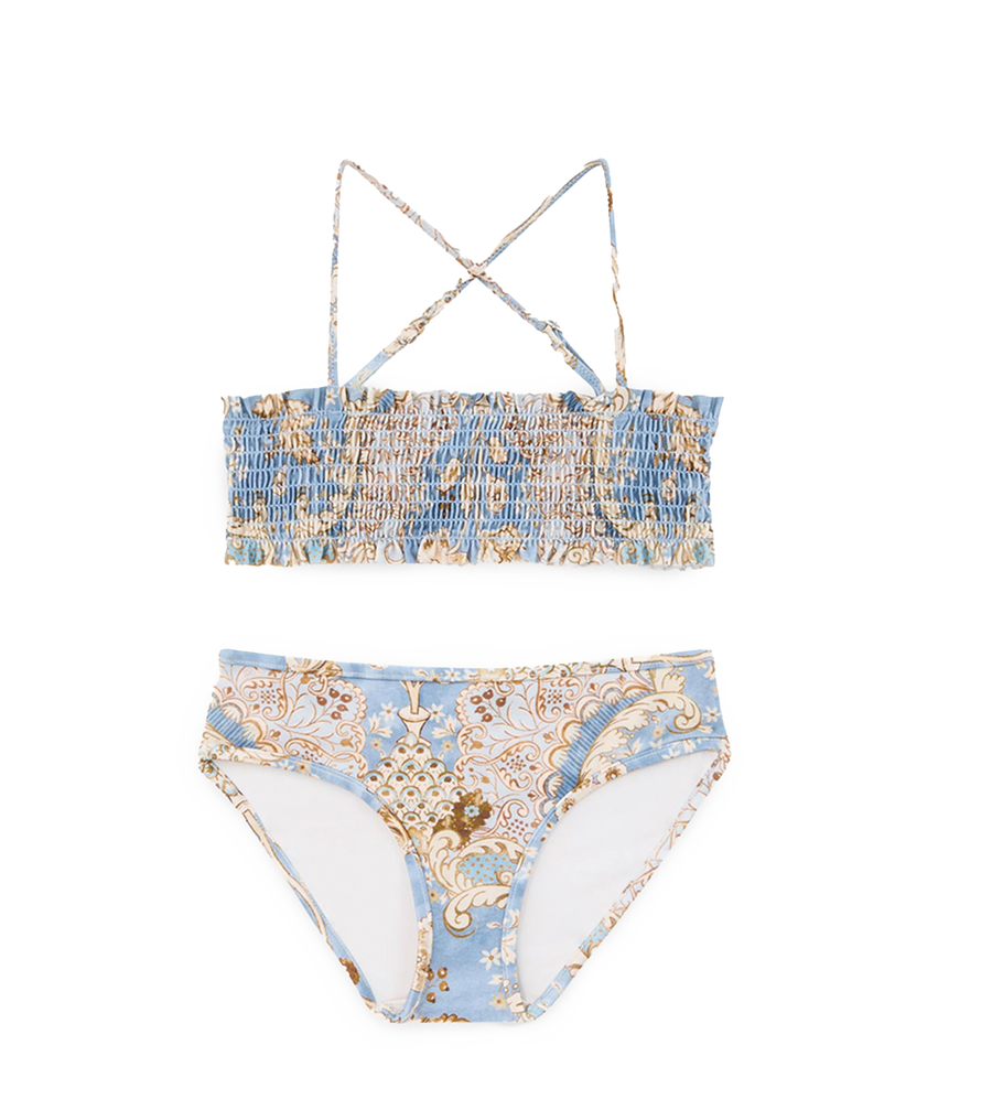 Zimmermann Daylight Shirred Bandana Floral Bikini in Denim Blue (Kids)