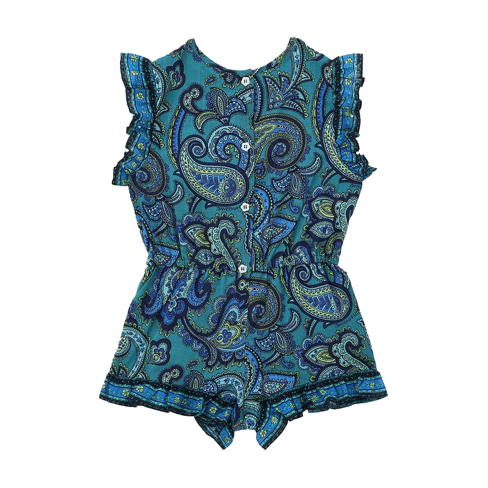 Zimmermann Patience Paisley Frill Playsuit in Blue & Green (Kids)