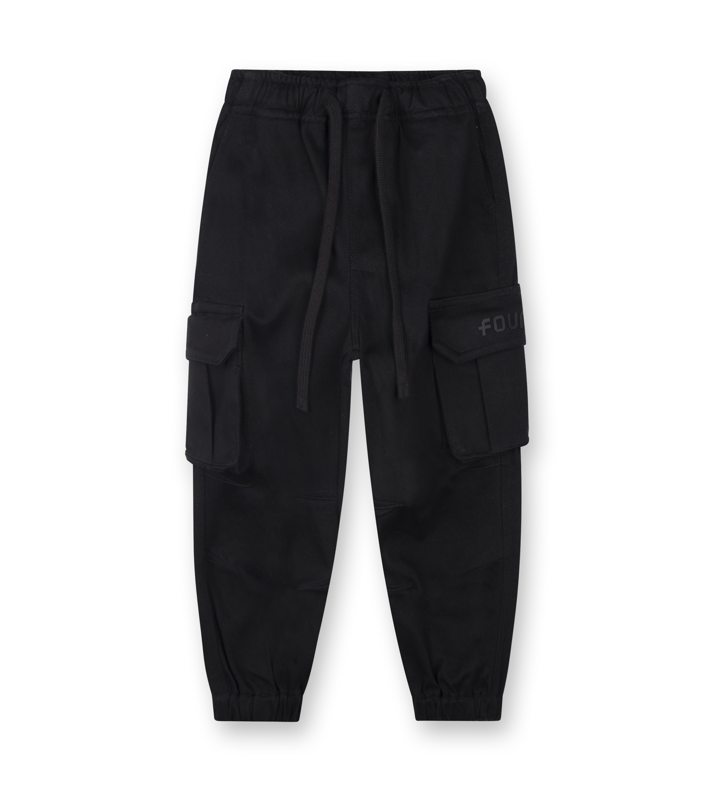 Black parachute pants with slanted side pockets and elasticated waistband and cuffs.
