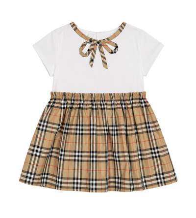 Baby Check Dress in White & Beige