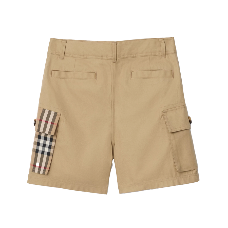 Burberry Check Trim Cotton Cargo Shorts in Sand Beige (Kids)