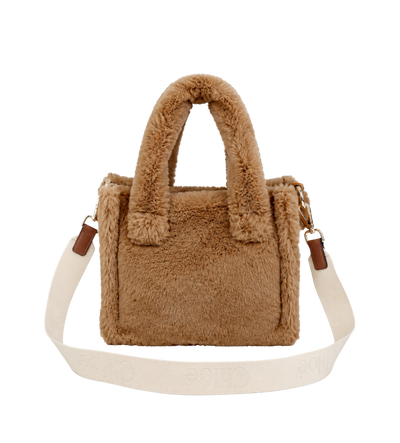 Kids Faux Fur Logo-Patch Tote Bag Beige