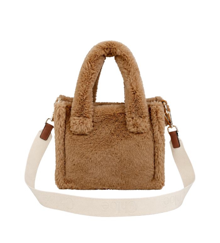 Kids Faux Fur Logo-Patch Tote Bag Beige