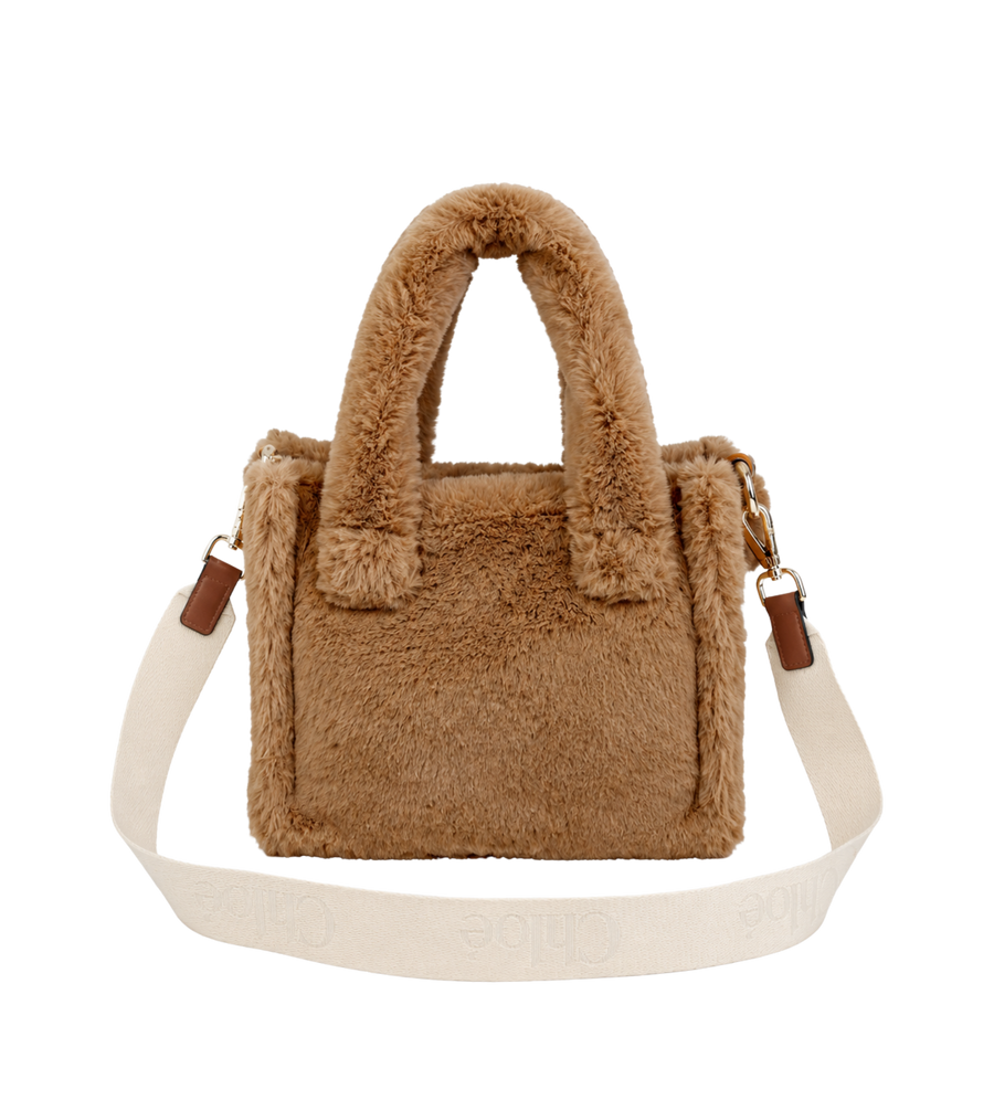 Kids Faux Fur Logo-Patch Tote Bag Beige