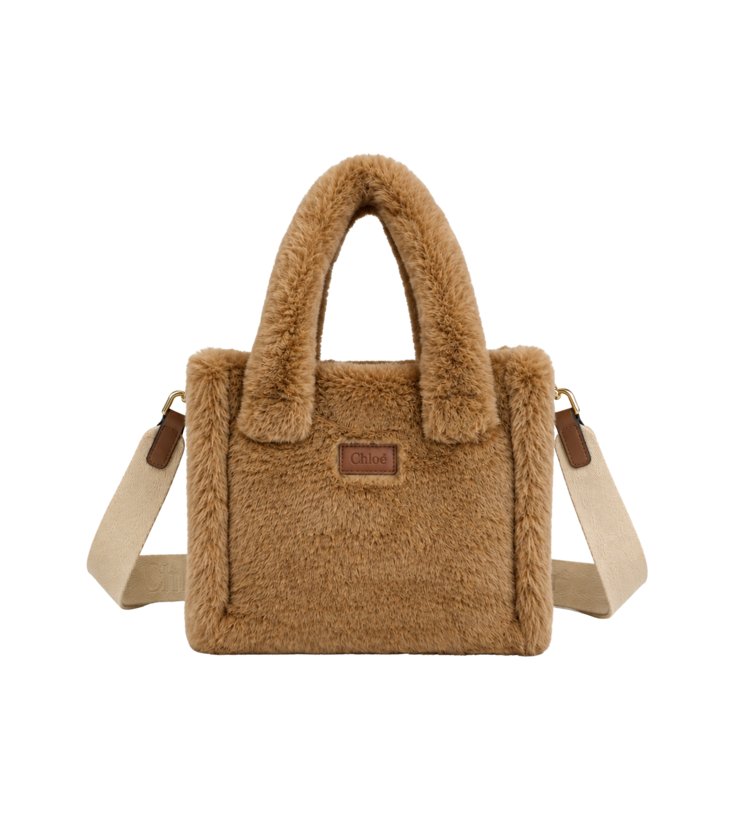 Kids Faux Fur Logo-Patch Tote Bag Beige