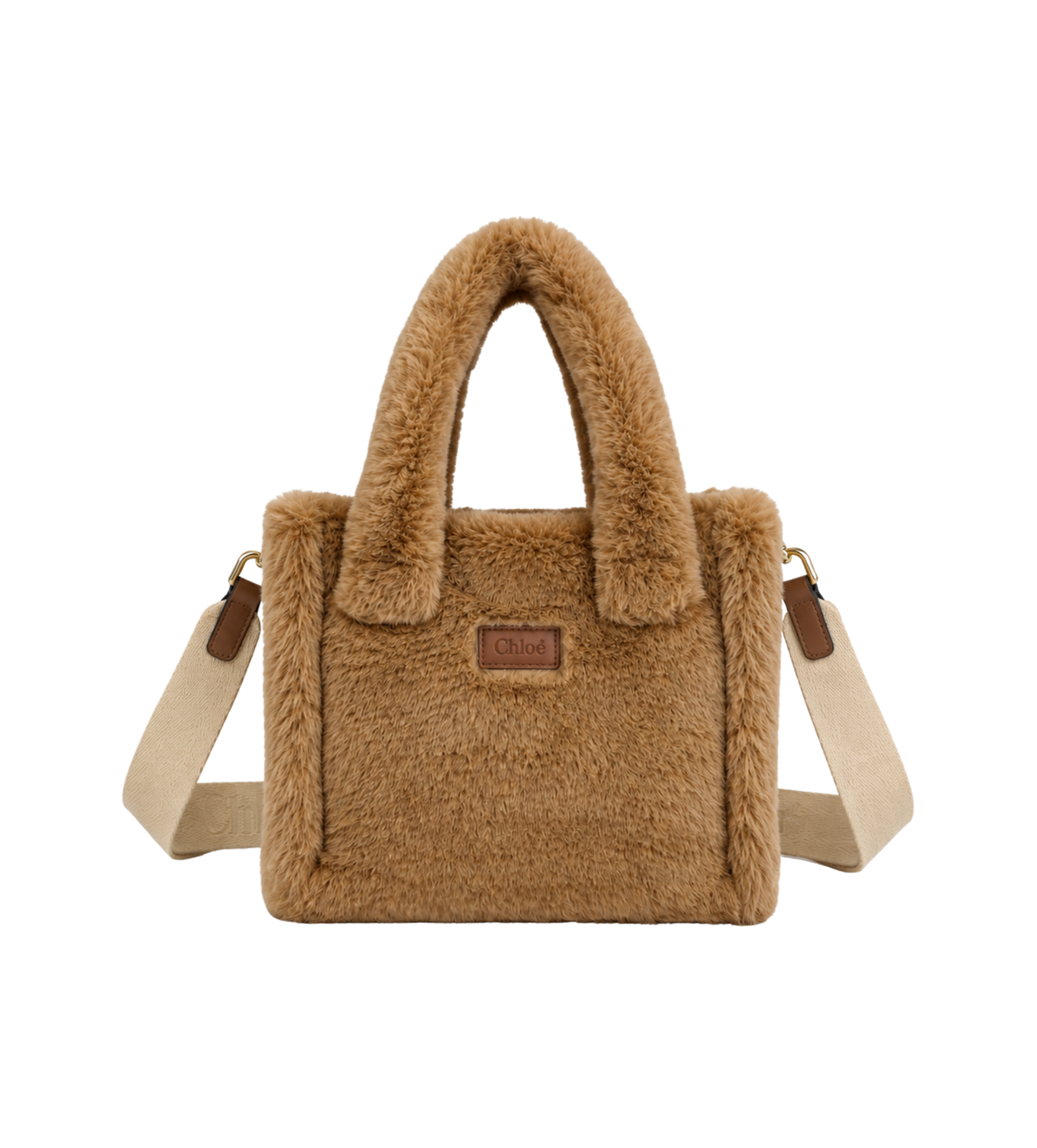 Kids Faux Fur Logo-Patch Tote Bag Beige