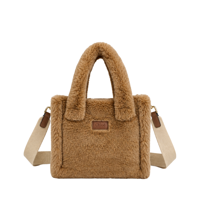 Kids Faux Fur Logo-Patch Tote Bag Beige