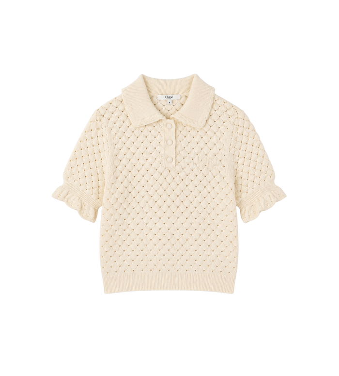 Kids Pointelle Knit Ruffle Sweater Ivory White