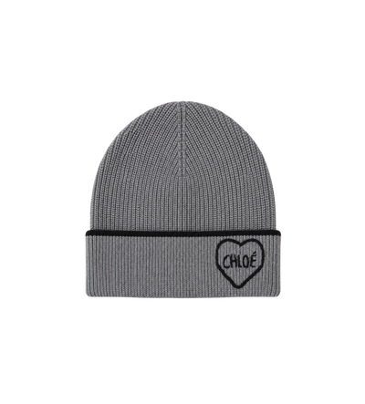 Kids Heart Motif Ribbed Knit Beanie Grey