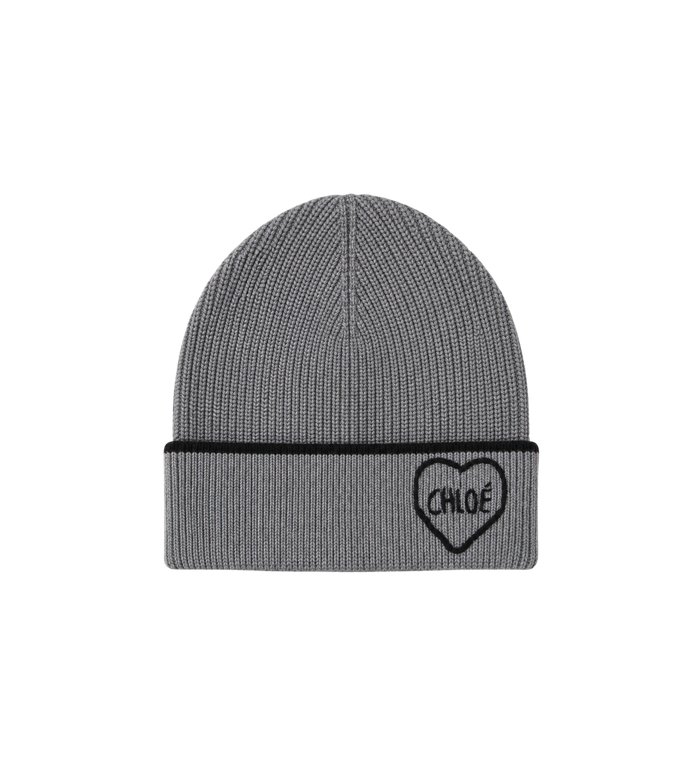 Kids Heart Motif Ribbed Knit Beanie Grey