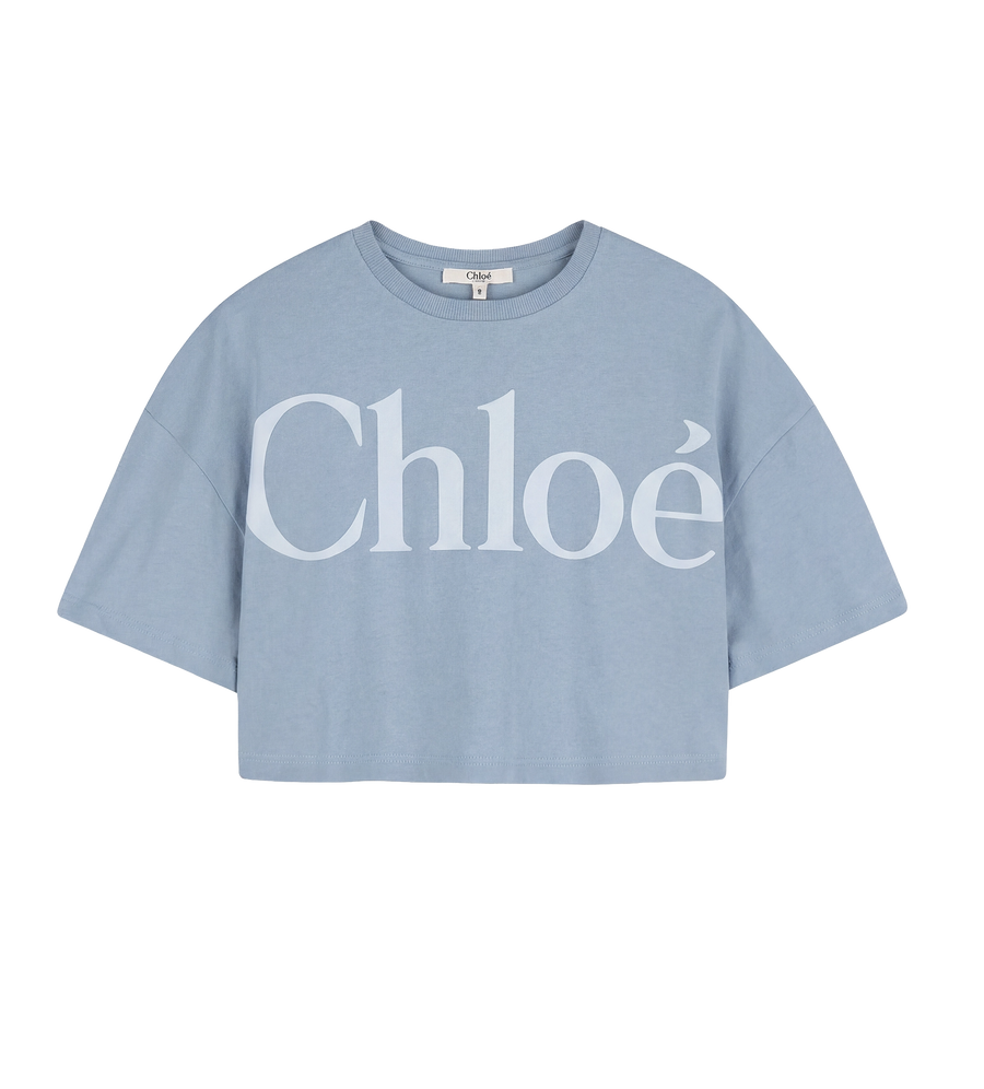 Chloé Kids Logo Print T-Shirt in Light Blue