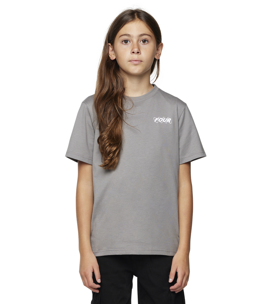 girl model wearing a storm grey t-shirt featuring a logo on the front chest with the word FOUR. 