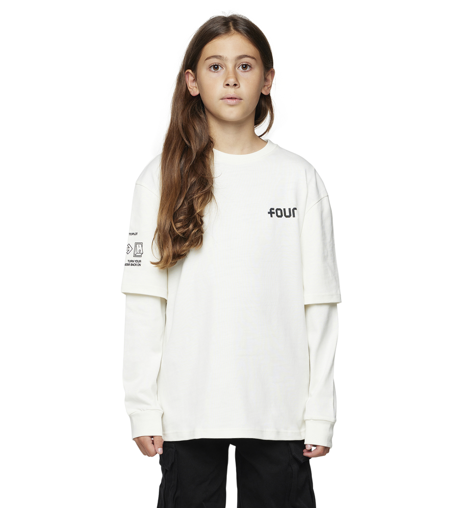 girl in a long sleeved t shirt with the word FOUR printed on the front chest