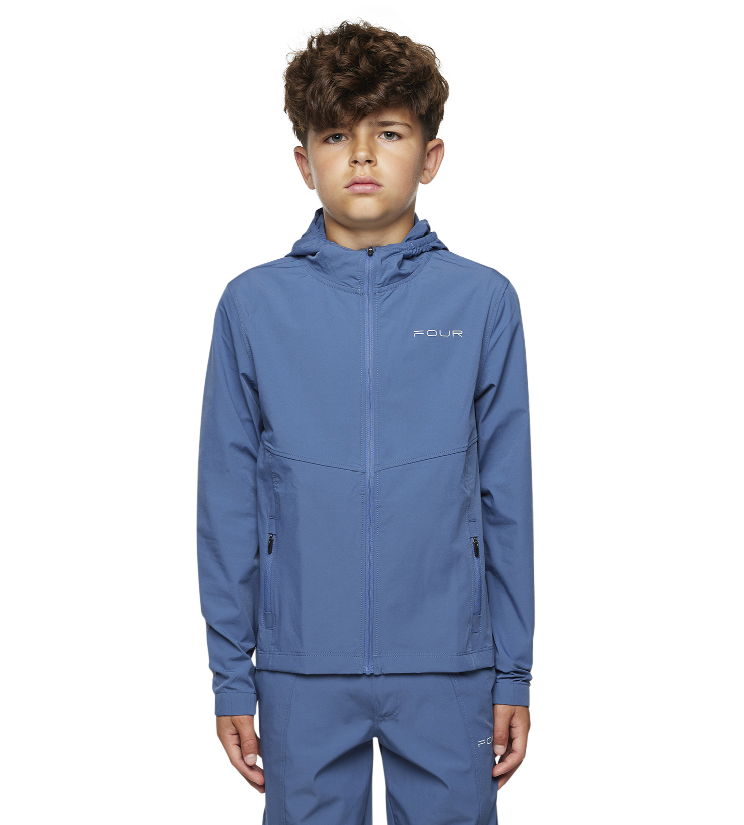 boy model wearing four kids frost blue zip up sportwear jacket 