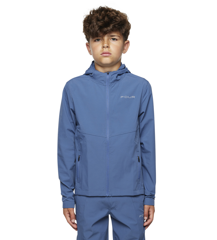 boy model wearing four kids frost blue zip up sportwear jacket 