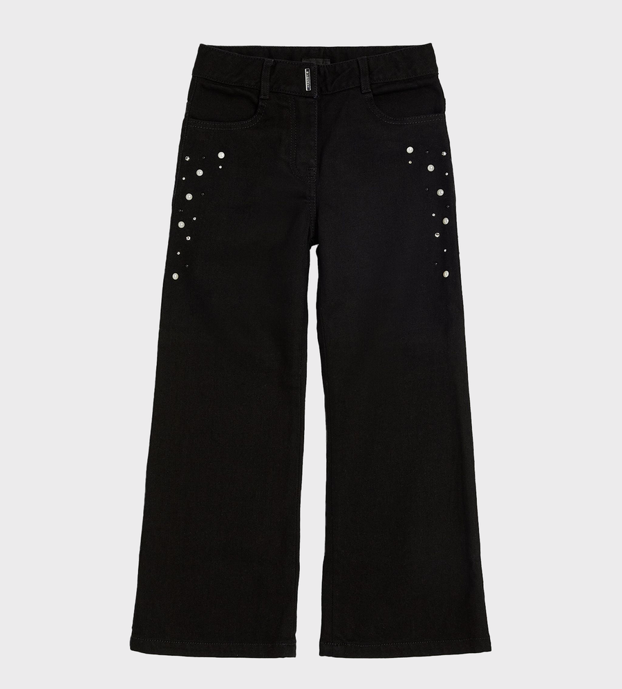 Pearl-Embellishment Wide-leg Jeans Black