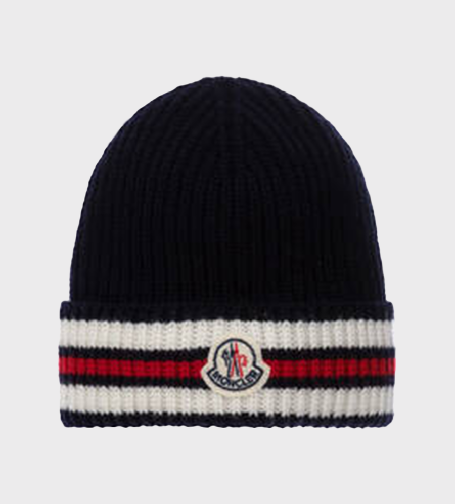 Logo-Patch Stripe-Detail Beanie Blue