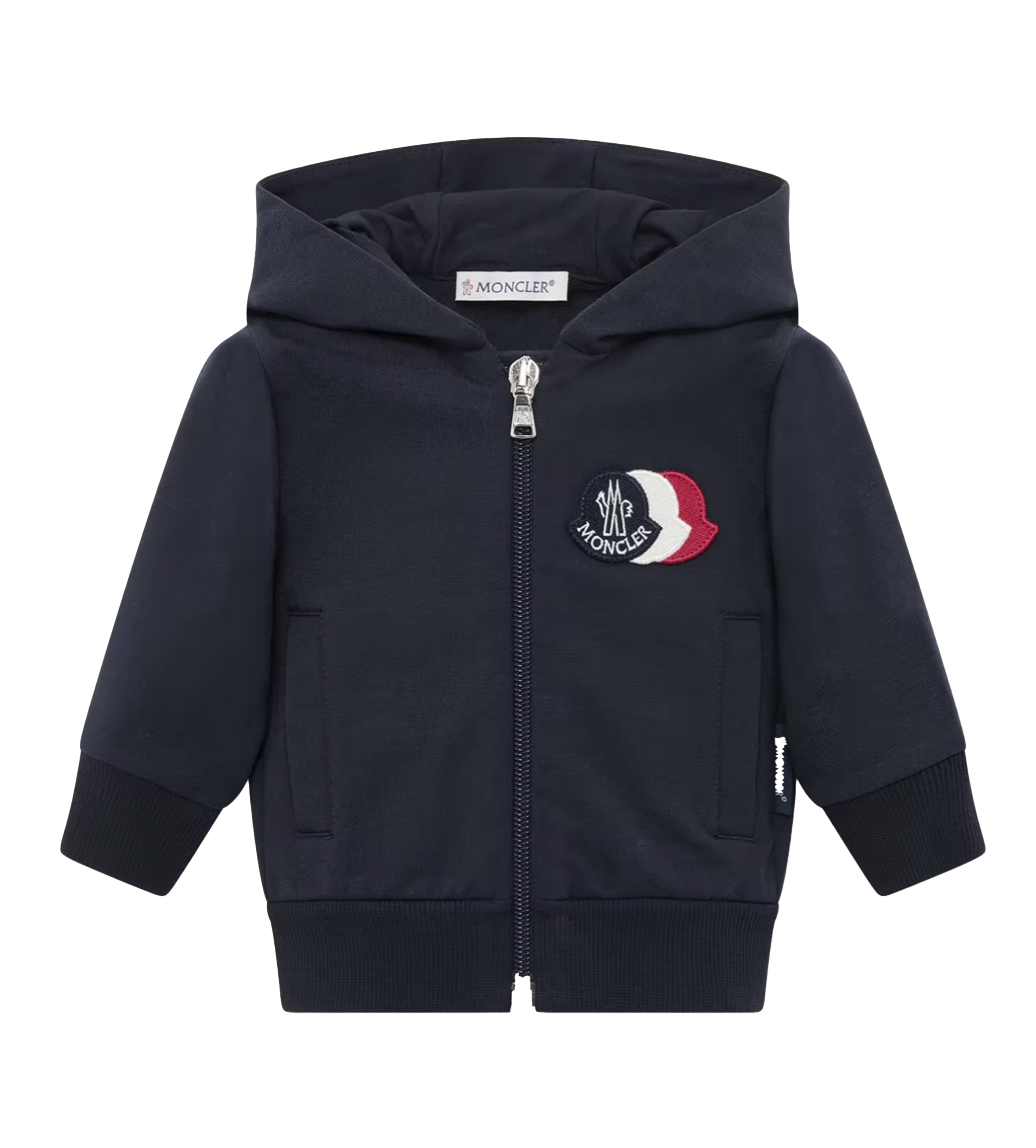 Moncler Tricolor Logo Cotton Zip-Up Hoodie in Dark Blue (Kids)