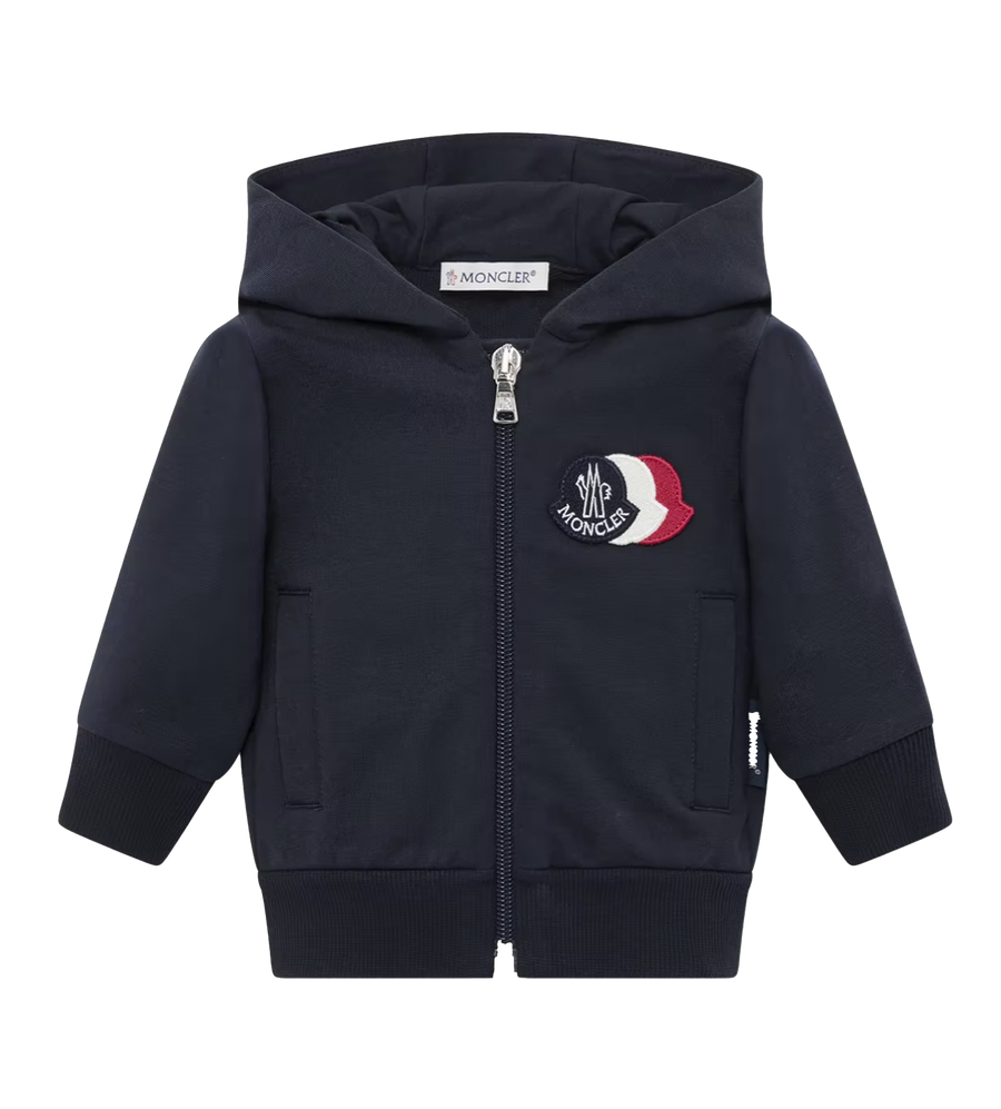 Moncler Tricolor Logo Cotton Zip-Up Hoodie in Dark Blue (Kids)