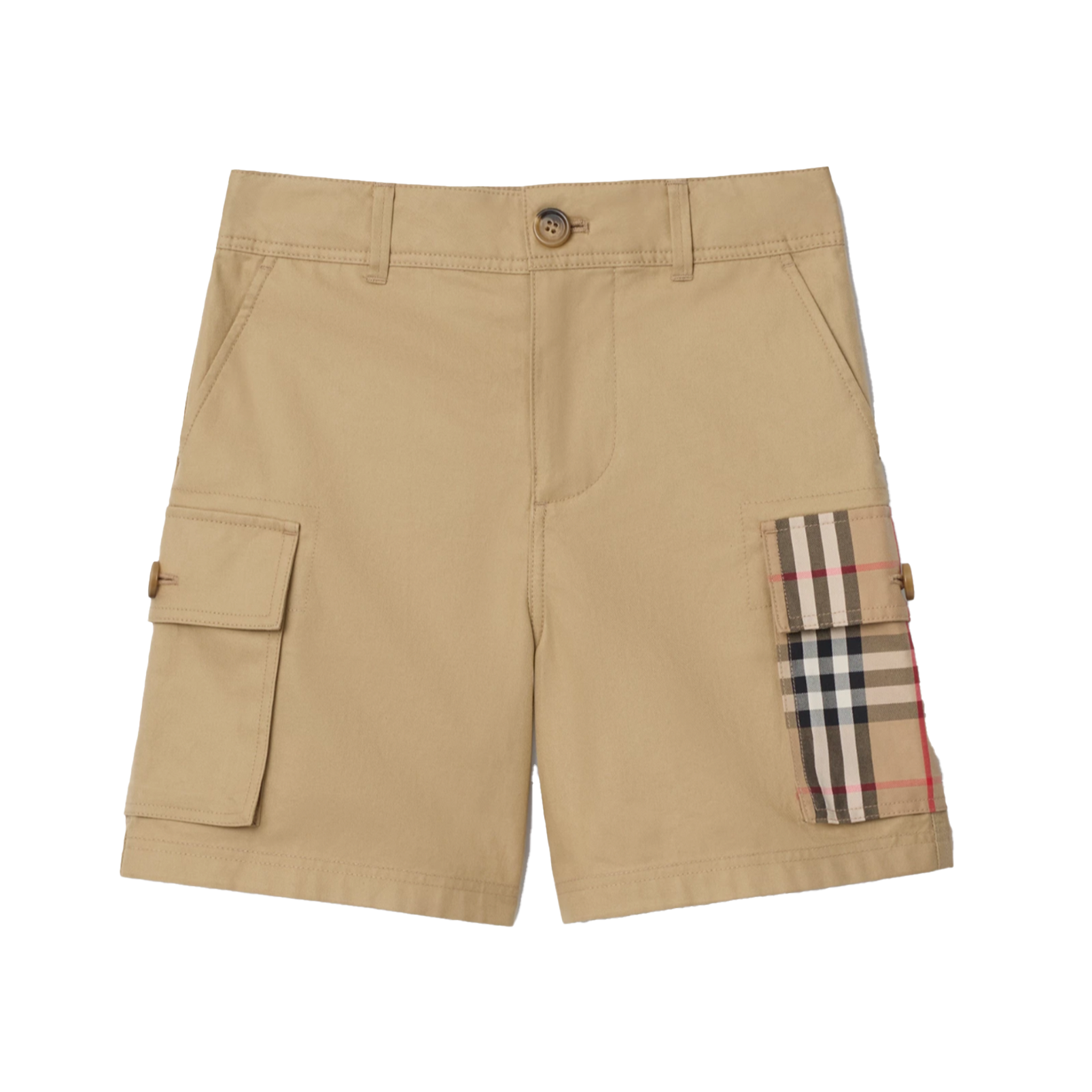 Burberry Check Trim Cotton Cargo Shorts in Sand Beige (Kids)