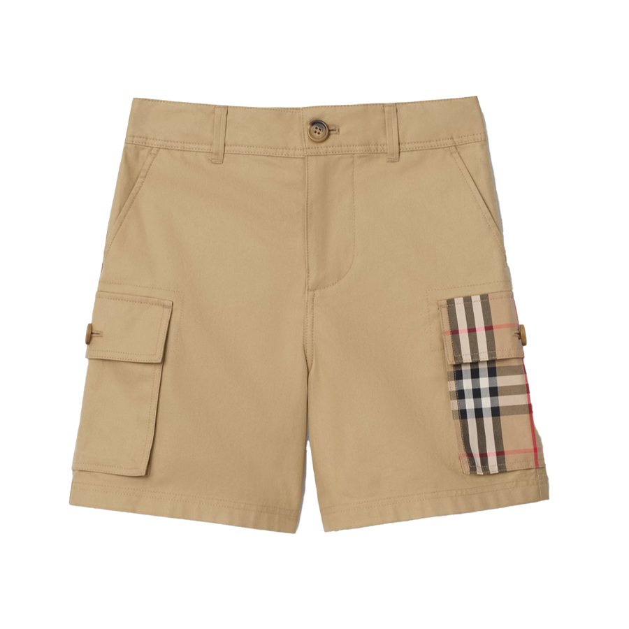 Burberry Check Trim Cotton Cargo Shorts in Sand Beige (Kids)