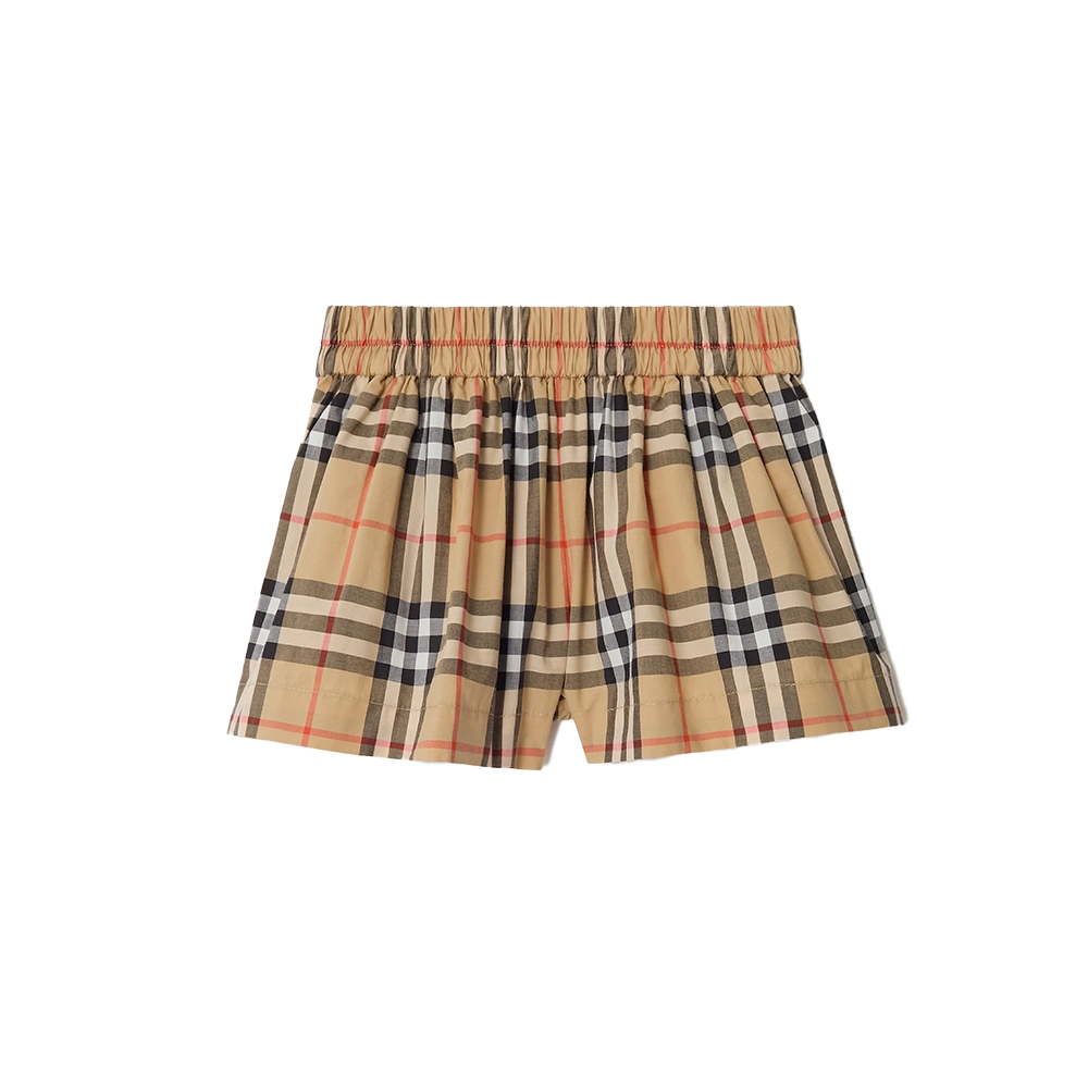 Baby Check Cotton Shorts in White & Beige