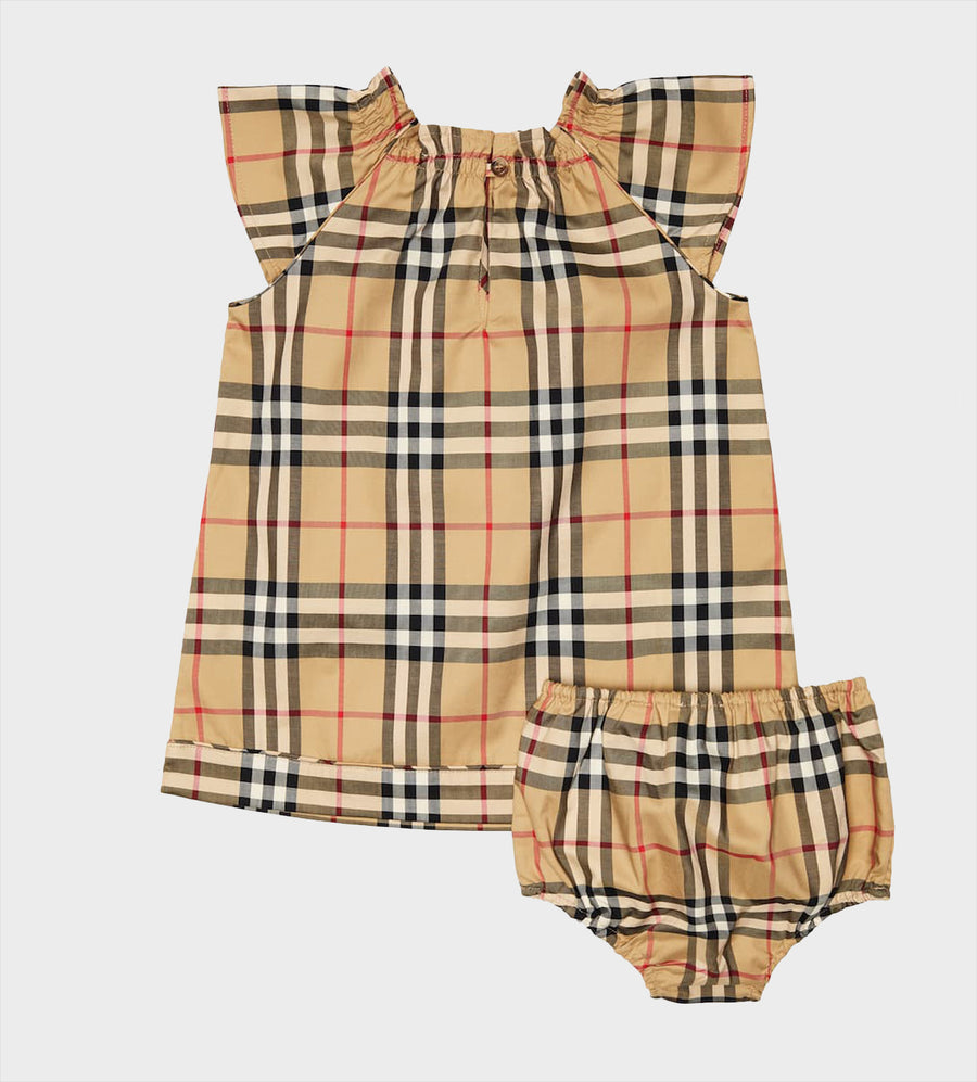 Vintage Check Cotton Dress and Bloomers Set Beige